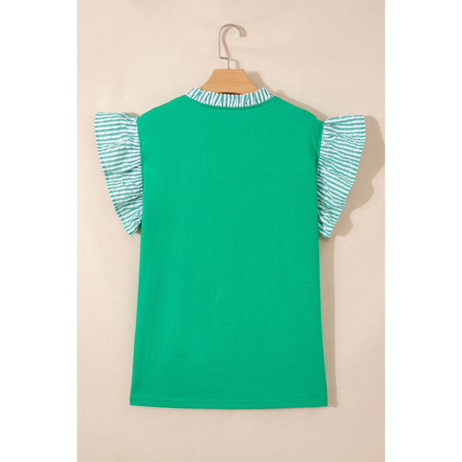 Dark Green Plus Size Button Front Ruffled Stripe Trim V Neck Flutter Sleeve Blouse Plus Size/Plus Size Tops/Plus Size Blouses & Shirts