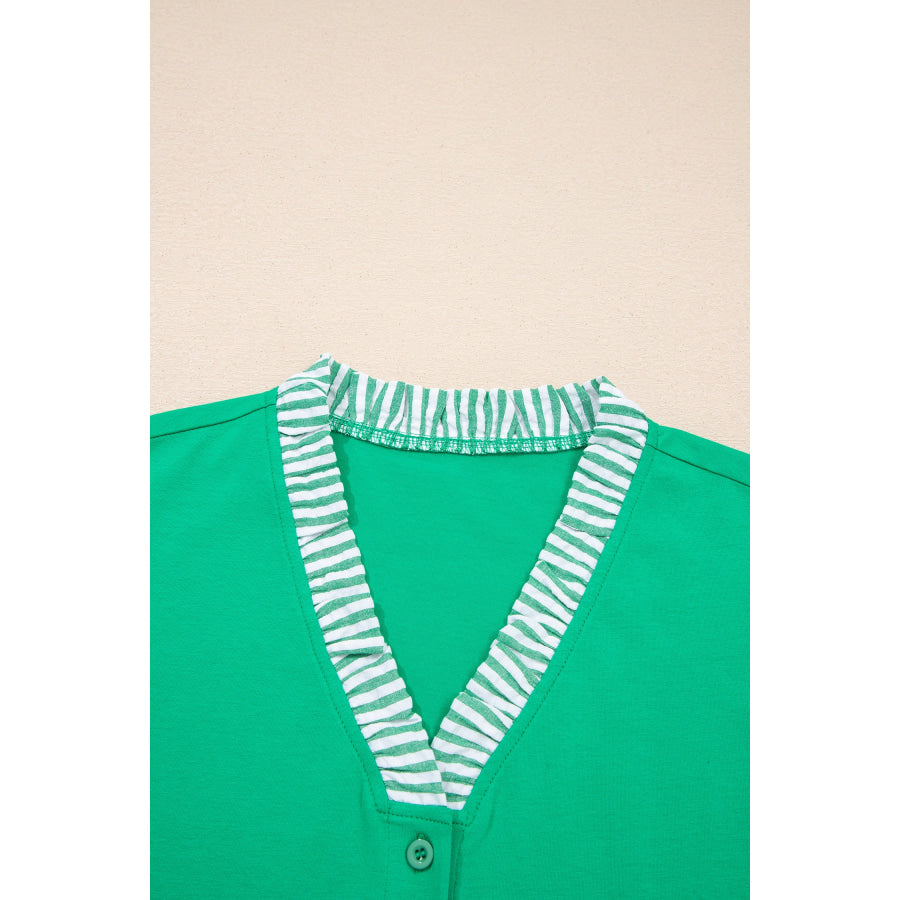 Dark Green Plus Size Button Front Ruffled Stripe Trim V Neck Flutter Sleeve Blouse Plus Size/Plus Size Tops/Plus Size Blouses & Shirts