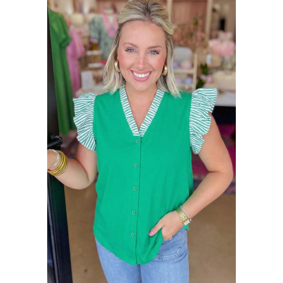 Dark Green Plus Size Button Front Ruffled Stripe Trim V Neck Flutter Sleeve Blouse Plus Size/Plus Size Tops/Plus Size Blouses & Shirts