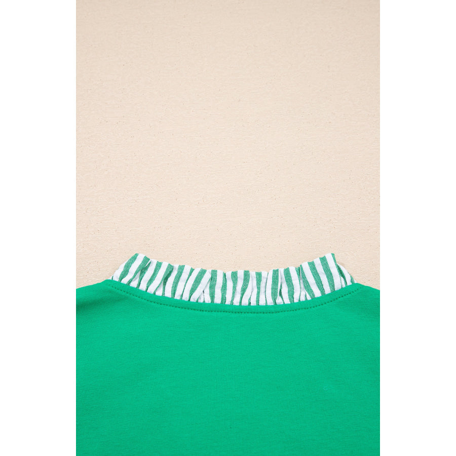Dark Green Plus Size Button Front Ruffled Stripe Trim V Neck Flutter Sleeve Blouse Plus Size/Plus Size Tops/Plus Size Blouses & Shirts