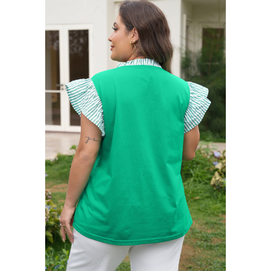 Dark Green Plus Size Button Front Ruffled Stripe Trim V Neck Flutter Sleeve Blouse Plus Size/Plus Size Tops/Plus Size Blouses & Shirts