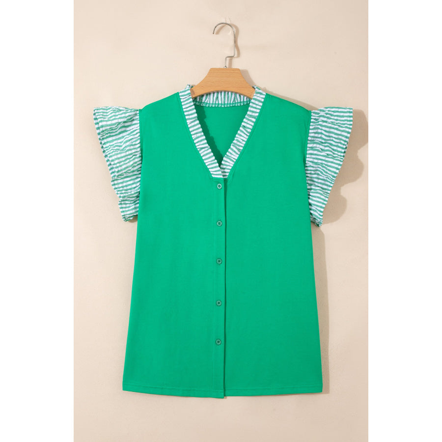 Dark Green Plus Size Button Front Ruffled Stripe Trim V Neck Flutter Sleeve Blouse Plus Size/Plus Size Tops/Plus Size Blouses & Shirts