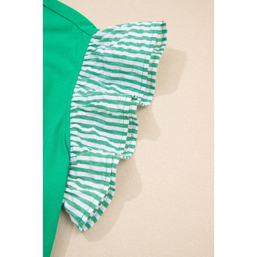 Dark Green Plus Size Button Front Ruffled Stripe Trim V Neck Flutter Sleeve Blouse Plus Size/Plus Size Tops/Plus Size Blouses & Shirts