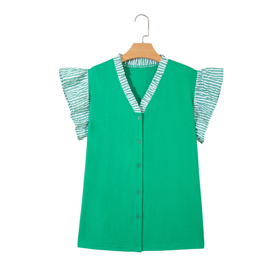 Dark Green Plus Size Button Front Ruffled Stripe Trim V Neck Flutter Sleeve Blouse Plus Size/Plus Size Tops/Plus Size Blouses & Shirts