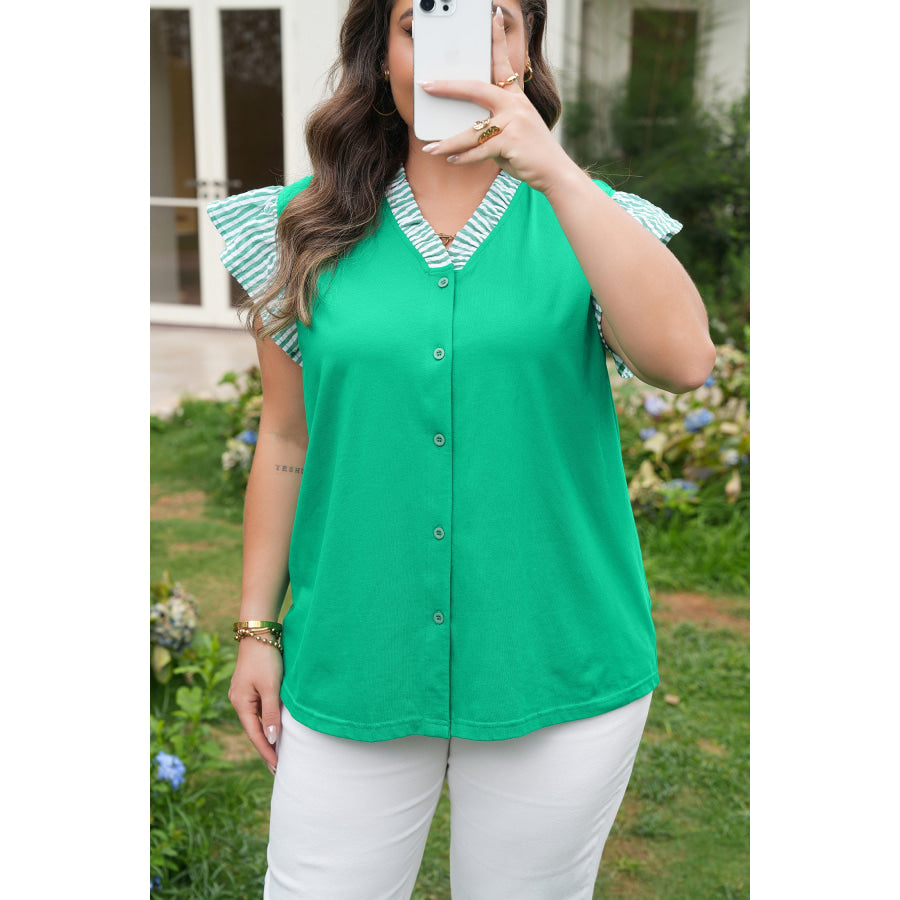 Dark Green Plus Size Button Front Ruffled Stripe Trim V Neck Flutter Sleeve Blouse Plus Size/Plus Size Tops/Plus Size Blouses & Shirts