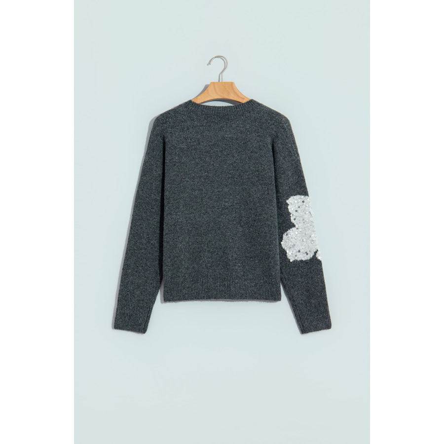 Dark Grey Beaded Floral Accent Casual Round Neck Sweater Sweaters & Cardigans/Sweaters
