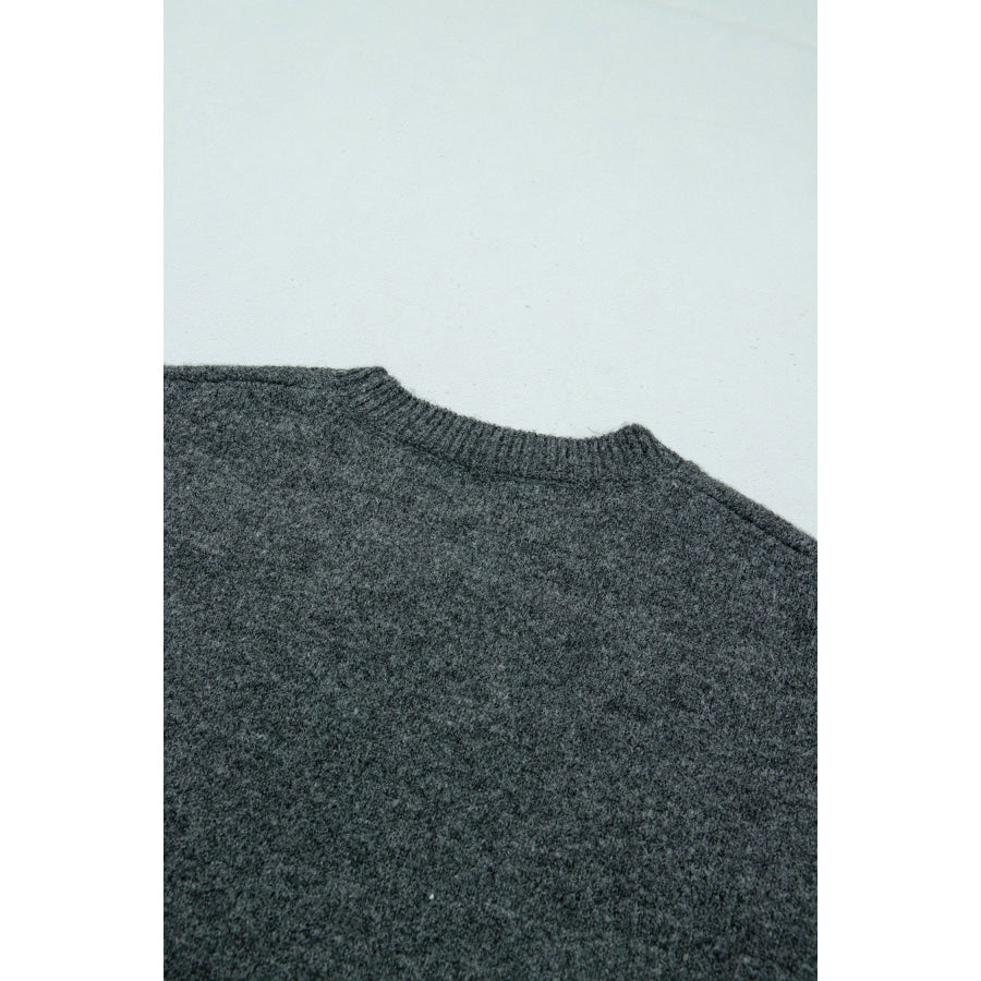 Dark Grey Beaded Floral Accent Casual Round Neck Sweater Sweaters & Cardigans/Sweaters