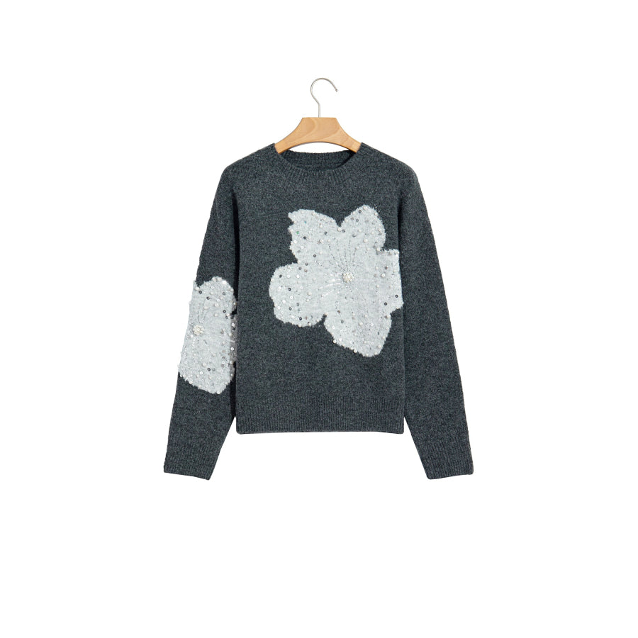 Dark Grey Beaded Floral Accent Casual Round Neck Sweater Sweaters & Cardigans/Sweaters