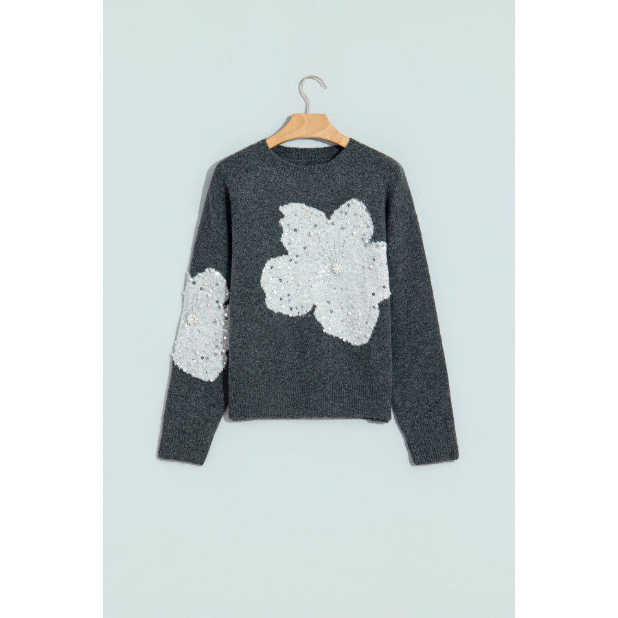 Dark Grey Beaded Floral Accent Casual Round Neck Sweater Sweaters & Cardigans/Sweaters