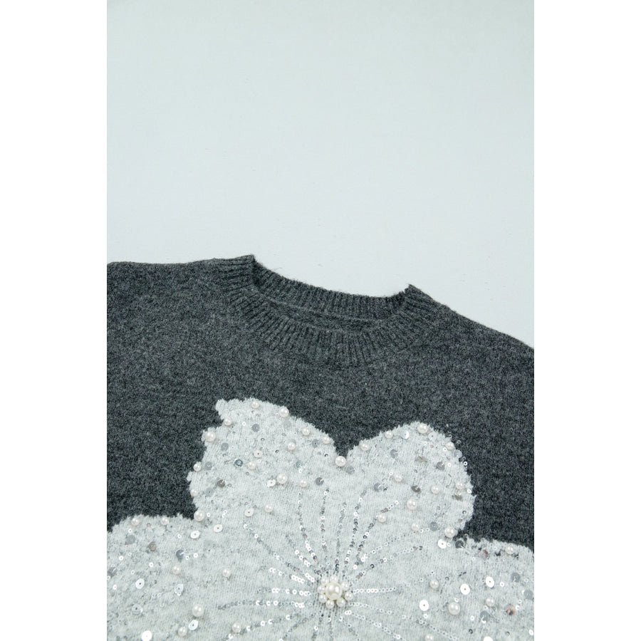 Dark Grey Beaded Floral Accent Casual Round Neck Sweater Sweaters & Cardigans/Sweaters