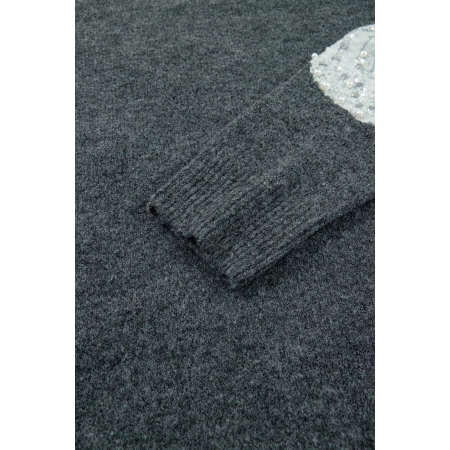 Dark Grey Beaded Floral Accent Casual Round Neck Sweater Sweaters & Cardigans/Sweaters