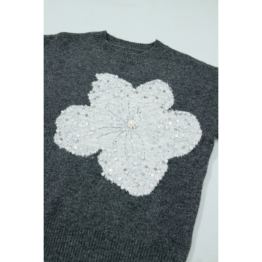Dark Grey Beaded Floral Accent Casual Round Neck Sweater Sweaters & Cardigans/Sweaters