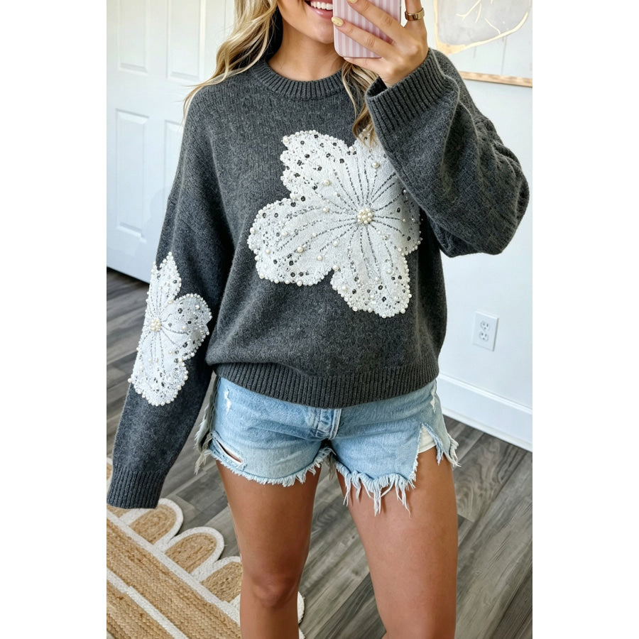 Dark Grey Beaded Floral Accent Casual Round Neck Sweater Sweaters & Cardigans/Sweaters