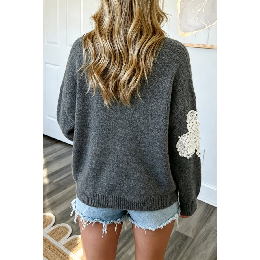 Dark Grey Beaded Floral Accent Casual Round Neck Sweater Dark Grey / S Sweaters & Cardigans/Sweaters