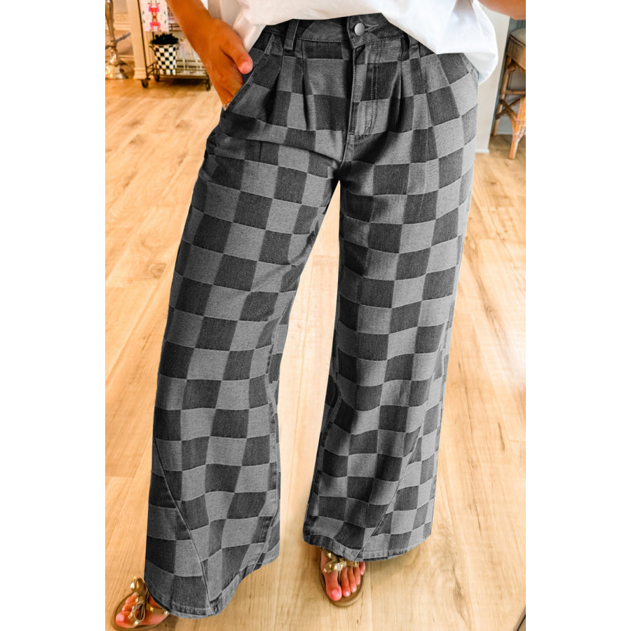 Dark Grey Checkered Denim Wide Leg Jeans Dark Grey / 4 / 50% Polyester + 50% Cotton Bottoms/Jeans