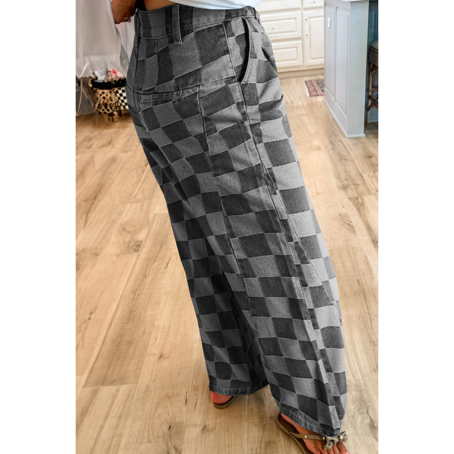 Dark Grey Checkered Denim Wide Leg Jeans Dark Grey / 4 / 50% Polyester + 50% Cotton Bottoms/Jeans