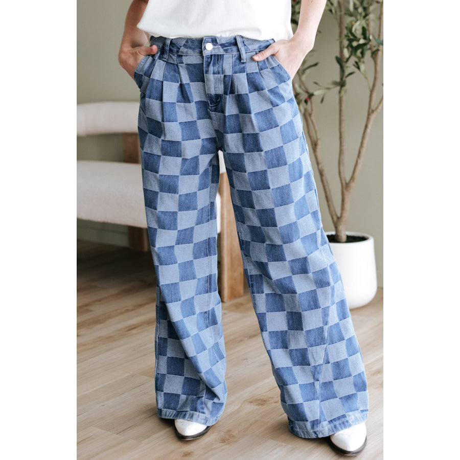 Dark Grey Checkered Denim Wide Leg Jeans Bottoms/Jeans