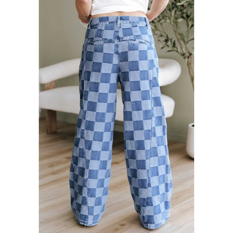 Dark Grey Checkered Denim Wide Leg Jeans Bottoms/Jeans