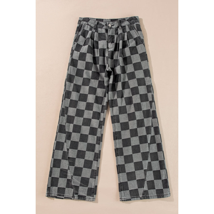 Dark Grey Checkered Denim Wide Leg Jeans Bottoms/Jeans