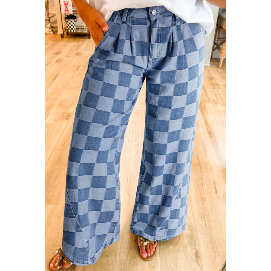 Dark Grey Checkered Denim Wide Leg Jeans Dusk Blue / 4 / 50% Polyester + 50% Cotton Bottoms/Jeans