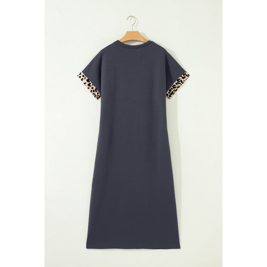 Dark Grey Contrast Leopard Bow Patched Short Sleeve T Shirt Long Dress Dresses/T Shirt Dresses