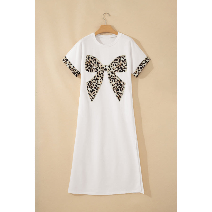 Dark Grey Contrast Leopard Bow Patched Short Sleeve T Shirt Long Dress Dresses/T Shirt Dresses