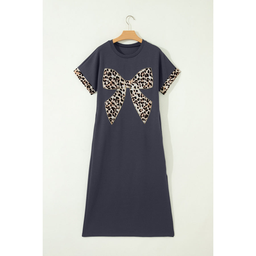 Dark Grey Contrast Leopard Bow Patched Short Sleeve T Shirt Long Dress Dresses/T Shirt Dresses