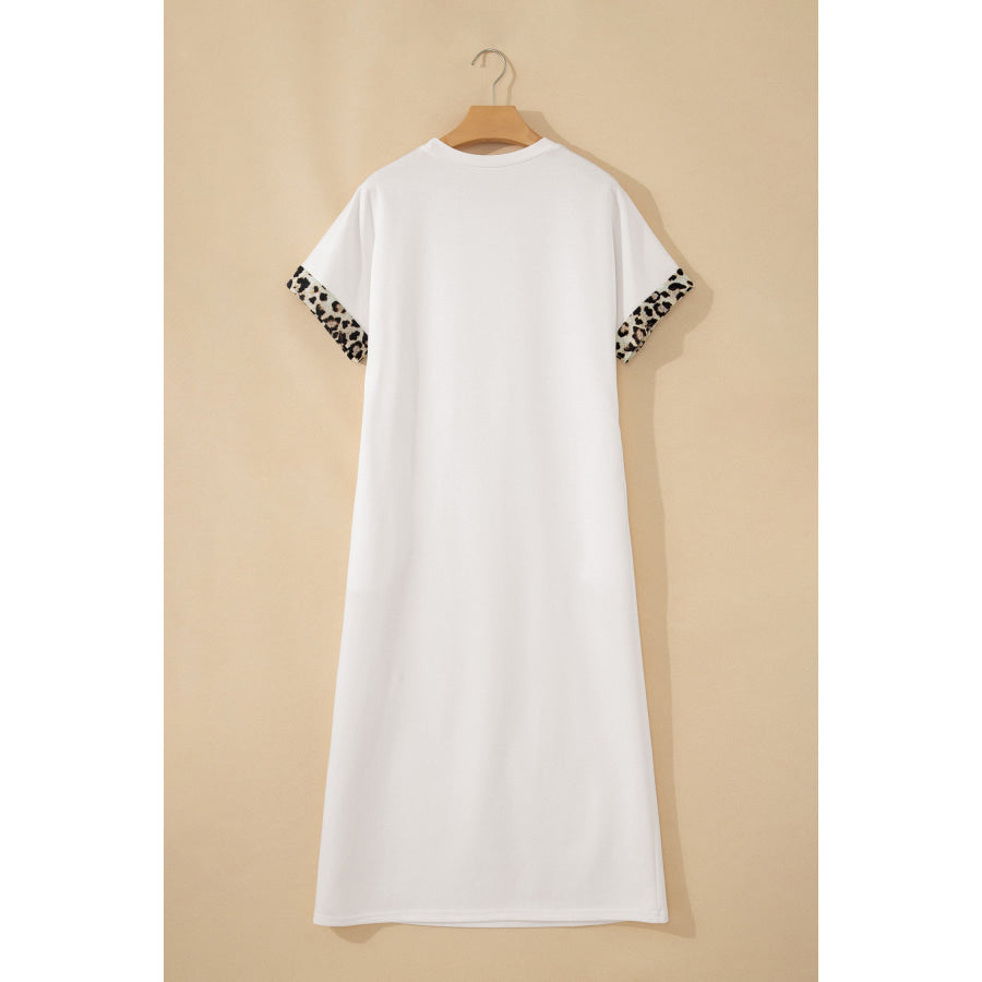 Dark Grey Contrast Leopard Bow Patched Short Sleeve T Shirt Long Dress Dresses/T Shirt Dresses