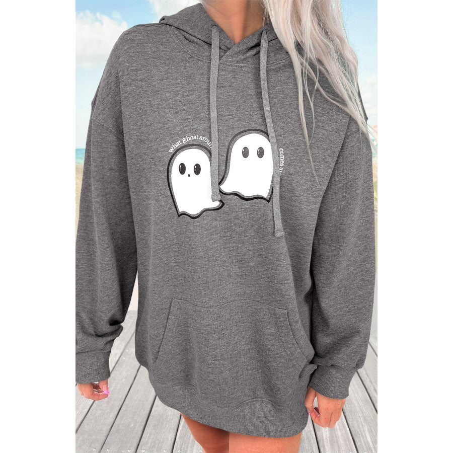 Dark Grey Cute Halloween Ghost Print Mineral Wash Oversize Hoodie Dark Grey / S / 65% Polyester + 35% Cotton Tops/Sweatshirts & Hoodies