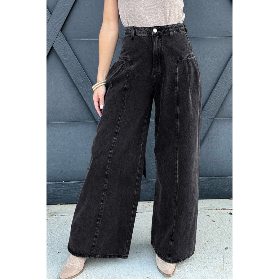 Dark Grey Pleated Wide Leg Mineral Wash Denim Pants Dark Grey / 6 / 65% Cotton + 33% Polyester + 2% Elastane Bottoms/Jeans