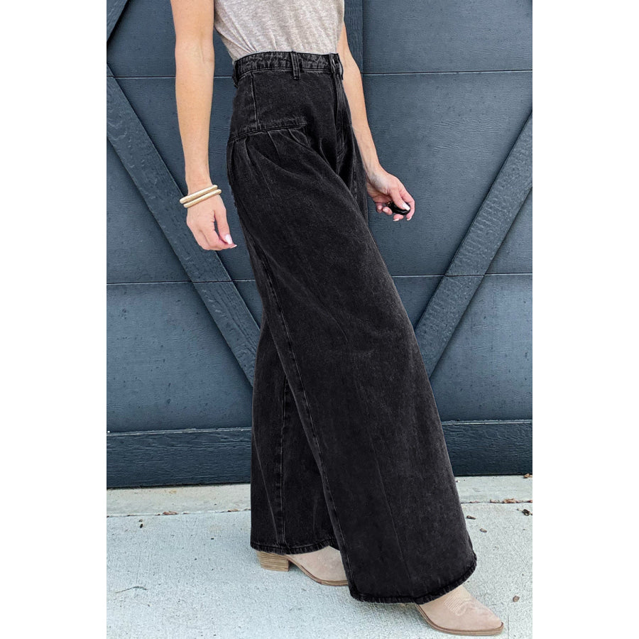 Dark Grey Pleated Wide Leg Mineral Wash Denim Pants Bottoms/Jeans