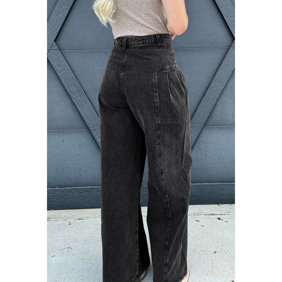 Dark Grey Pleated Wide Leg Mineral Wash Denim Pants Bottoms/Jeans