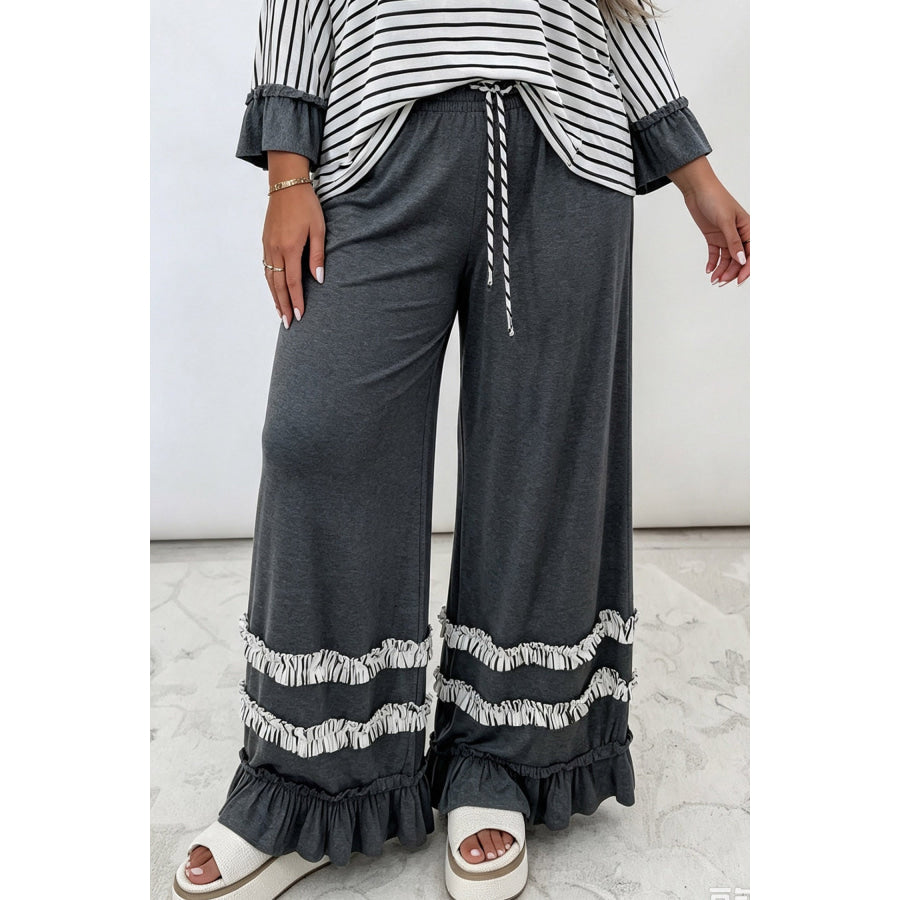 Dark Grey Tiered Ruffled Casual Plus Size Wide Leg Pants / 1X Size/Plus Bottoms
