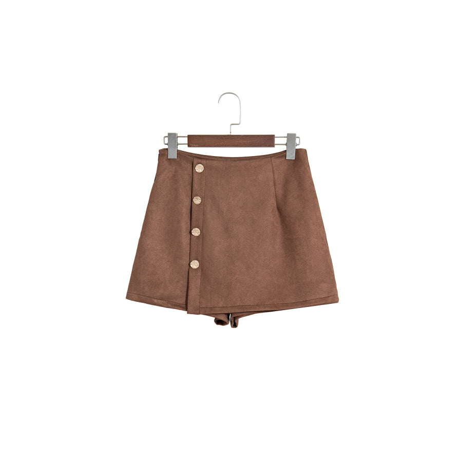 Dark Khaki Gold Button Asymmetric Wrapped Detail Mini Skirt Bottoms/Skirts & Petticoat