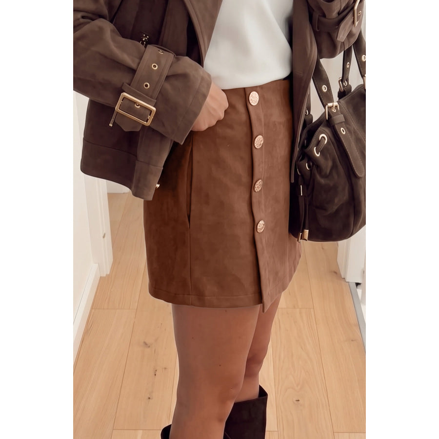 Dark Khaki Gold Button Asymmetric Wrapped Detail Mini Skirt Bottoms/Skirts & Petticoat