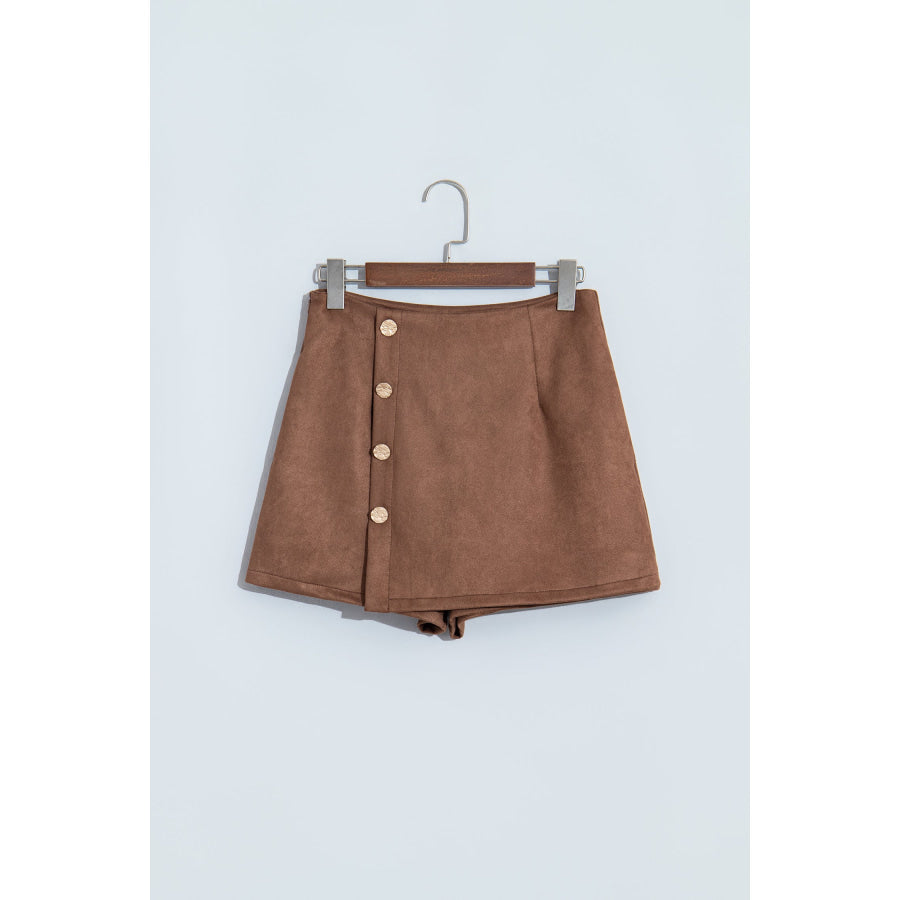 Dark Khaki Gold Button Asymmetric Wrapped Detail Mini Skirt Bottoms/Skirts & Petticoat