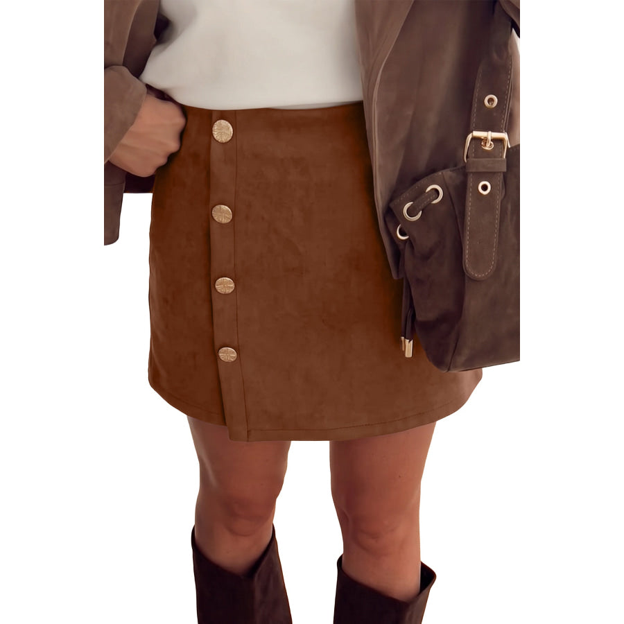Dark Khaki Gold Button Asymmetric Wrapped Detail Mini Skirt Bottoms/Skirts & Petticoat