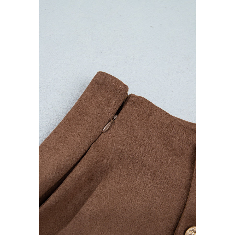 Dark Khaki Gold Button Asymmetric Wrapped Detail Mini Skirt Bottoms/Skirts & Petticoat