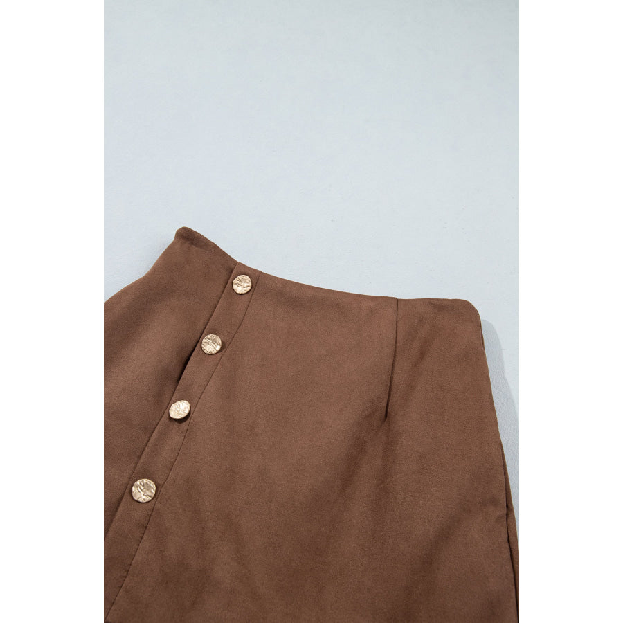 Dark Khaki Gold Button Asymmetric Wrapped Detail Mini Skirt Bottoms/Skirts & Petticoat