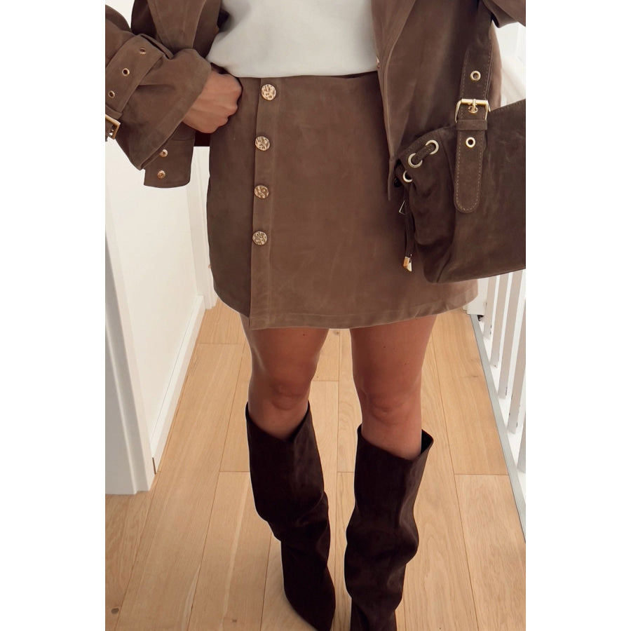 Dark Khaki Gold Button Asymmetric Wrapped Detail Mini Skirt Dark Khaki / S Bottoms/Skirts & Petticoat