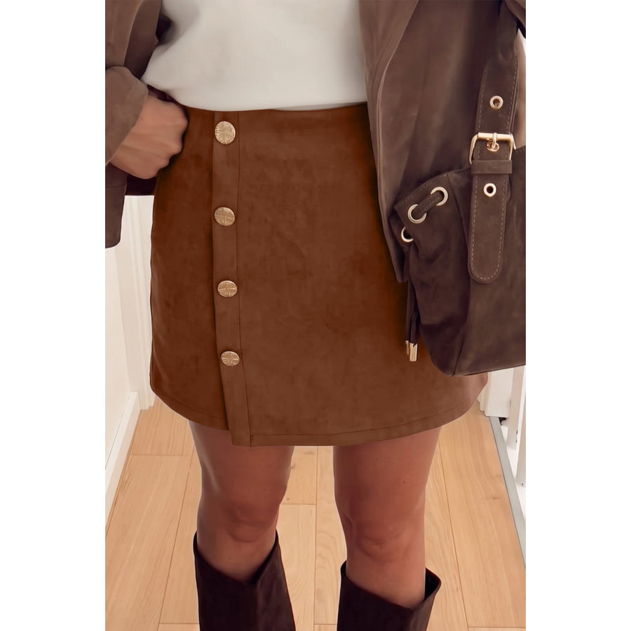 Dark Khaki Gold Button Asymmetric Wrapped Detail Mini Skirt / S Bottoms/Skirts & Petticoat