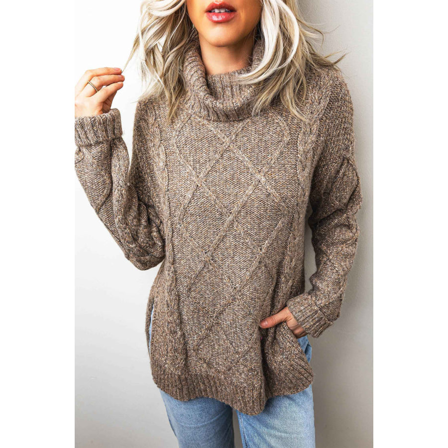 Dark Khaki High Neck Drop Shoulder Cable Knit Regular Length Sweater / S / 69% Regenerated Polyester + 13% Acrylic + 12% Polyamide + 6%