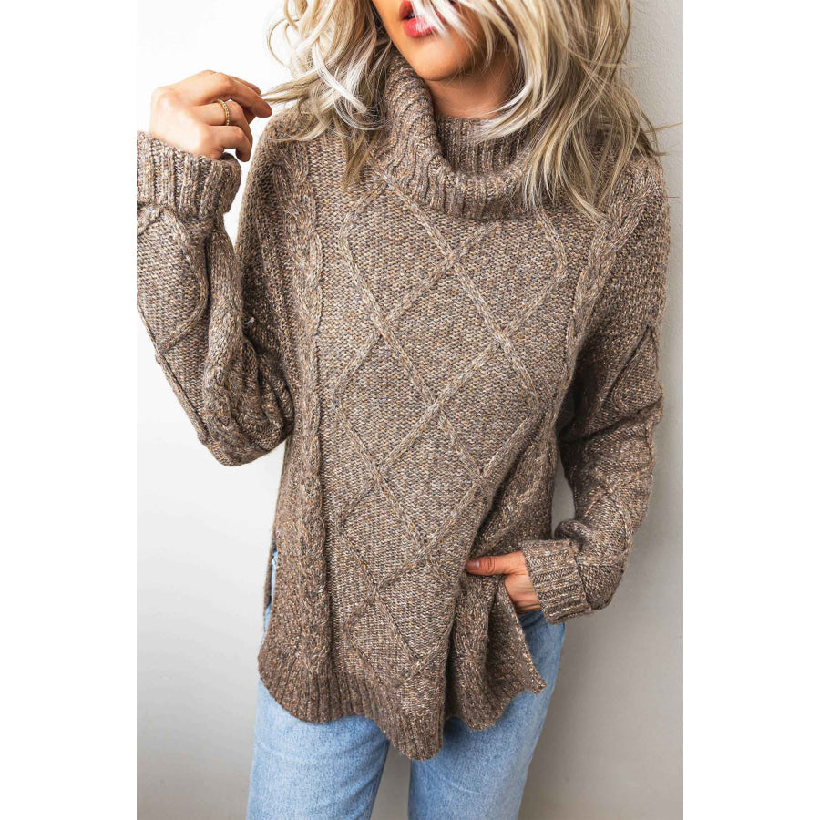 Dark Khaki High Neck Drop Shoulder Cable Knit Regular Length Sweater Sweaters & Cardigans/Sweaters