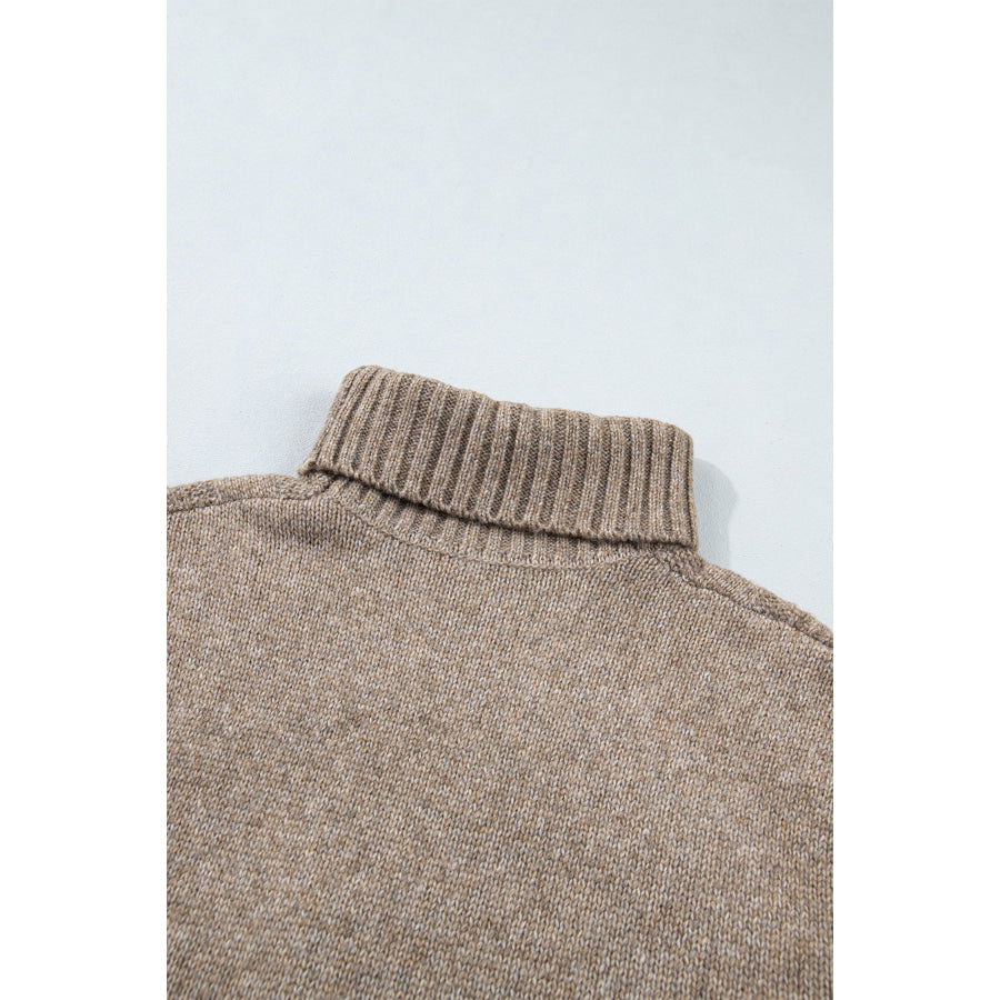 Dark Khaki High Neck Drop Shoulder Cable Knit Regular Length Sweater Sweaters & Cardigans/Sweaters