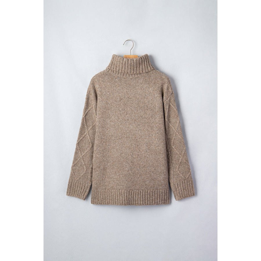 Dark Khaki High Neck Drop Shoulder Cable Knit Regular Length Sweater Sweaters & Cardigans/Sweaters