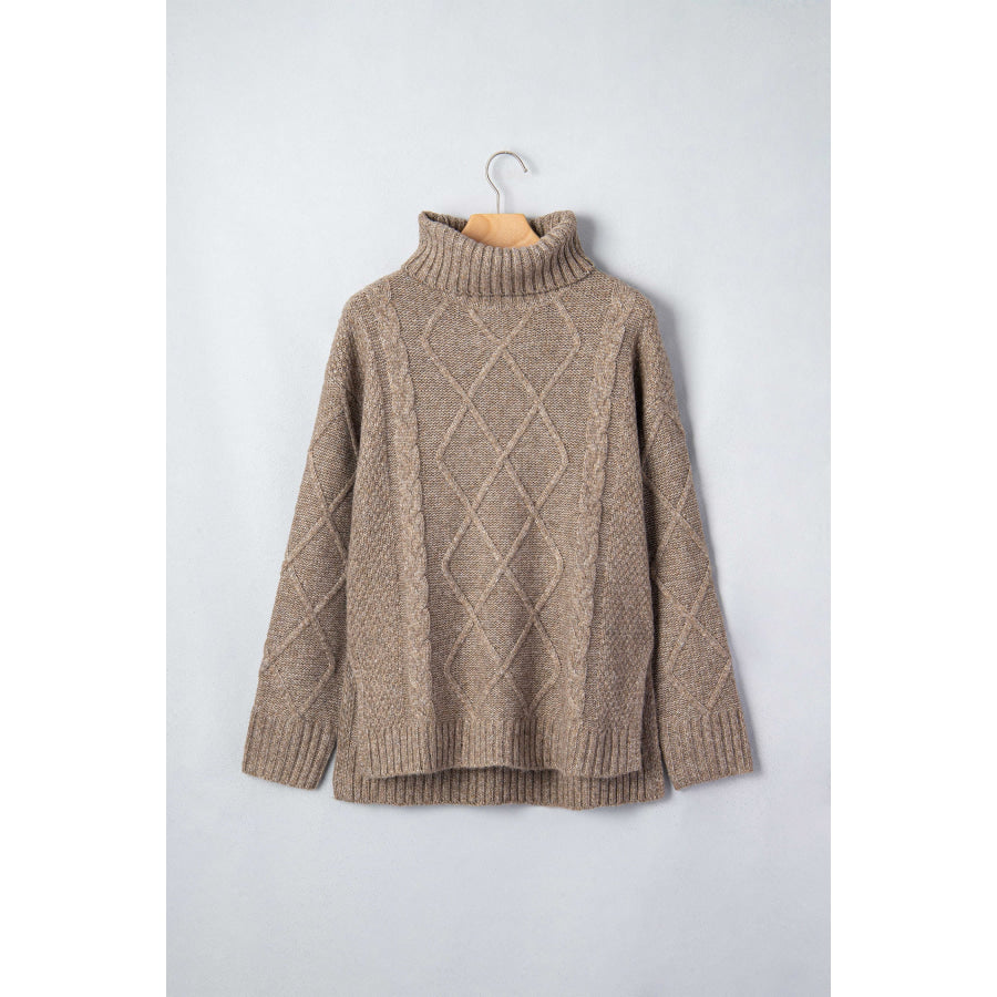 Dark Khaki High Neck Drop Shoulder Cable Knit Regular Length Sweater Sweaters & Cardigans/Sweaters