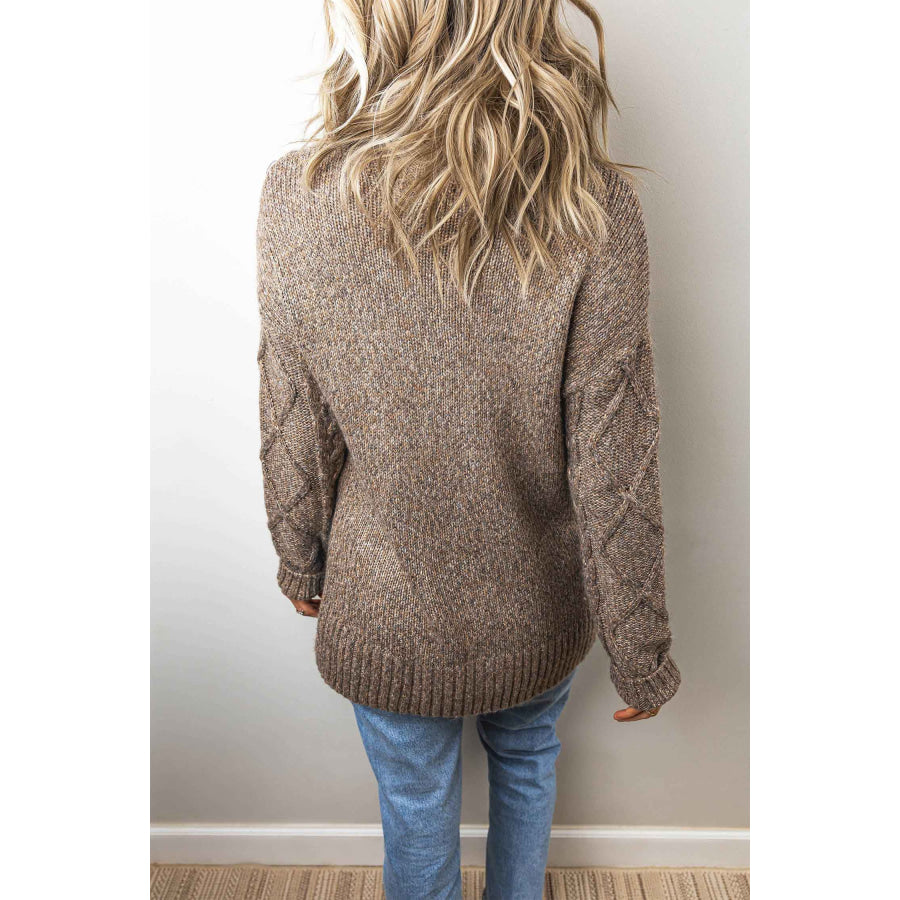 Dark Khaki High Neck Drop Shoulder Cable Knit Regular Length Sweater Sweaters & Cardigans/Sweaters