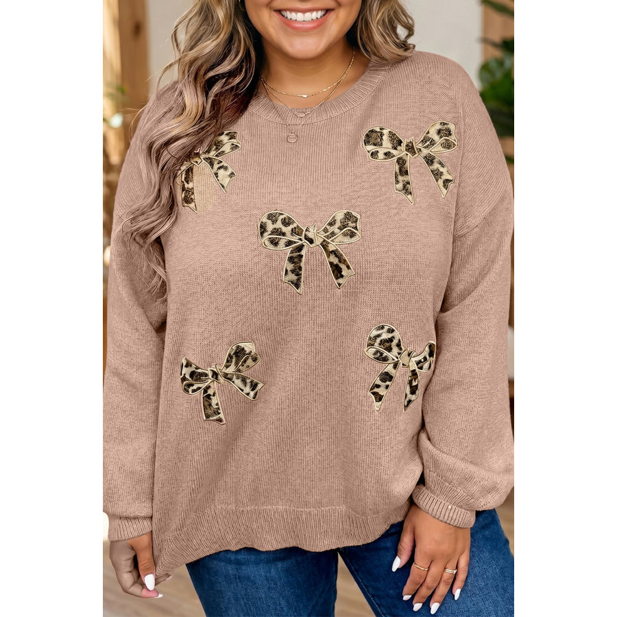 Dark Khaki Leopard Bow Embroidery Drop Shoulder Tunic Plus Size Sweater / 1X / 52% Viscose + 26% Polyester + 22% Polyamide Size/Plus
