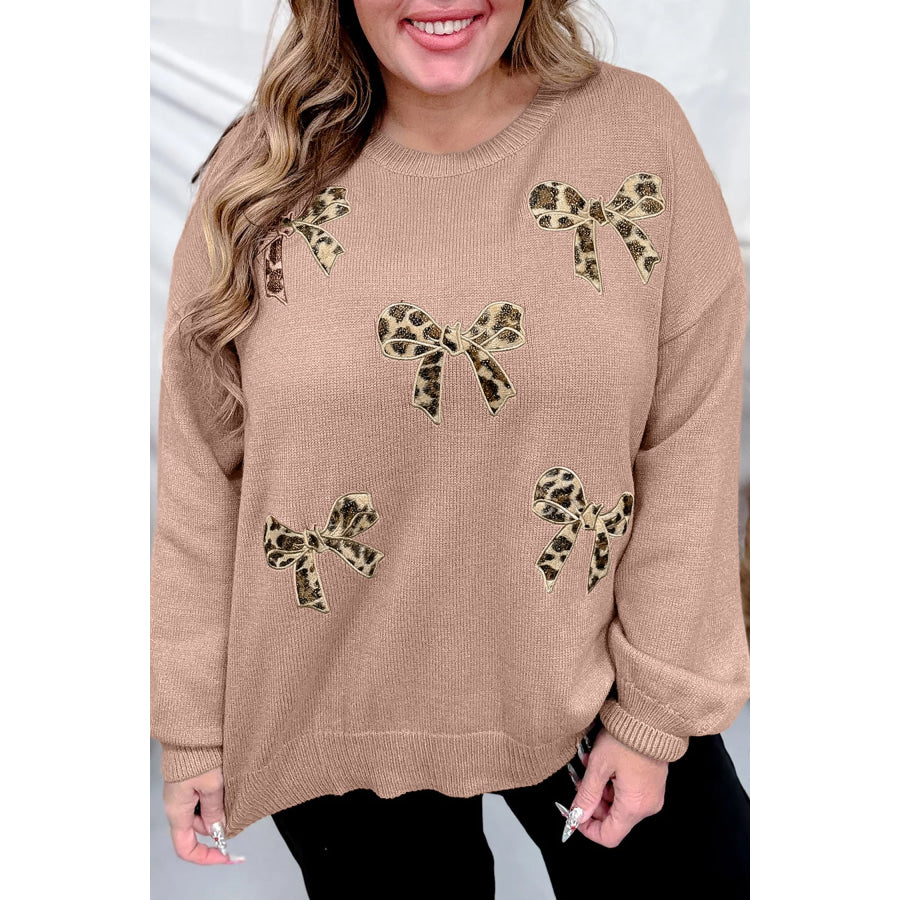 Dark Khaki Leopard Bow Embroidery Drop Shoulder Tunic Plus Size Sweater Size/Plus Sweaters & Cardigans