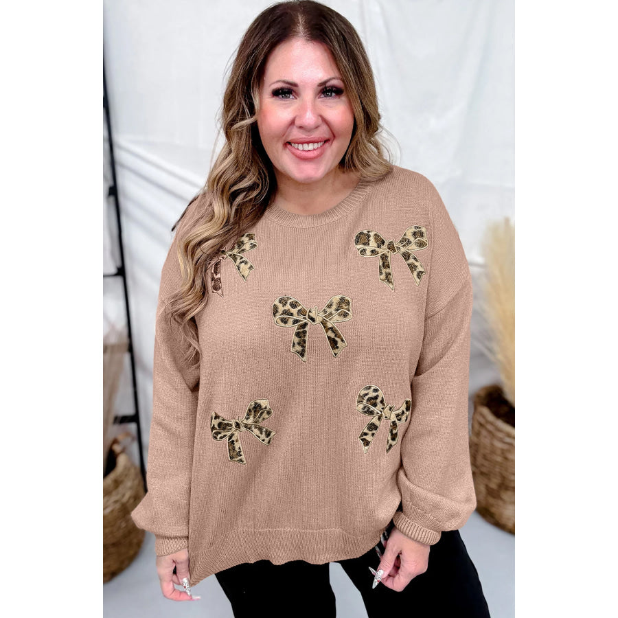 Dark Khaki Leopard Bow Embroidery Drop Shoulder Tunic Plus Size Sweater Size/Plus Sweaters & Cardigans
